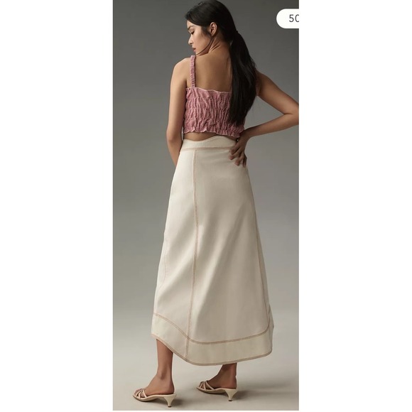 Farm Rio Denim Wave Maxi Skirt Off-White Contrast Stitch Button Front Size 24 - Picture 2 of 6